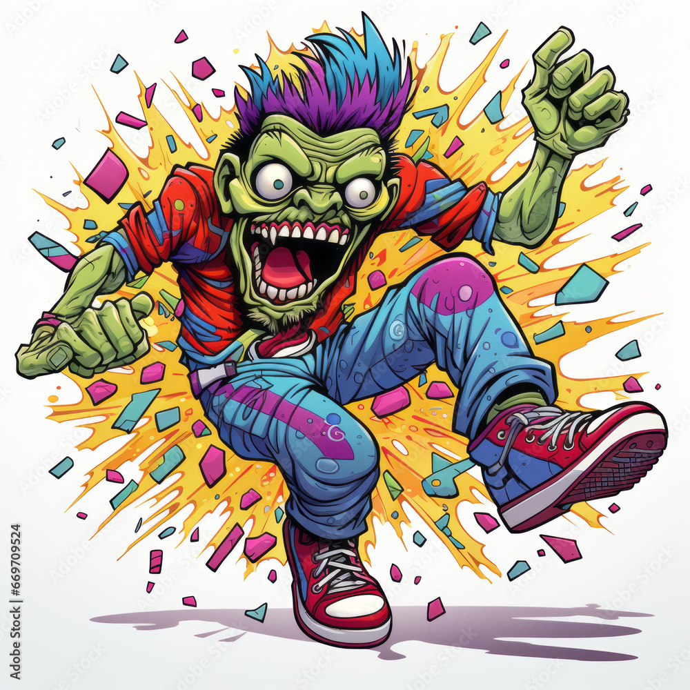 Animated zombie in dynamic pose with colorful explosion backdrop Animated zombie in dynamic pose with colorful explosion backdrop