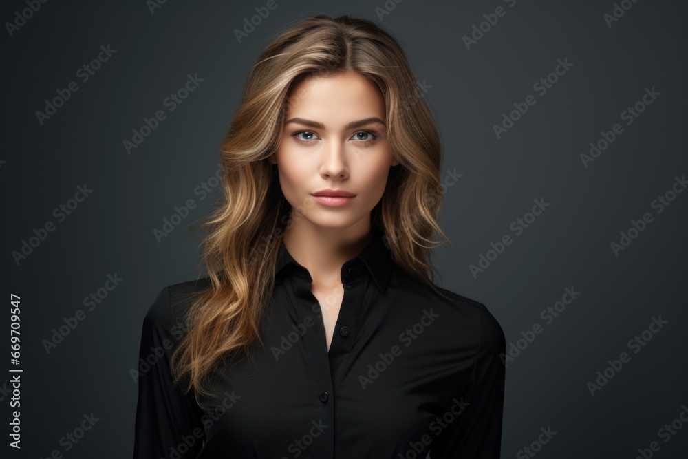 A businesswoman in a black shirt on a dark background smiles. Successful woman concept. A businesswoman in a black shirt on a dark background smiles. Successful woman concept.