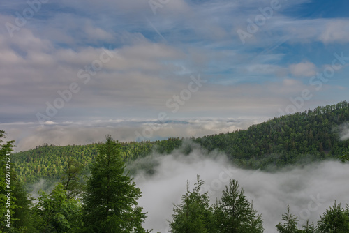 View from path to chalet under Suchy, national park Mala Fatra, Slovakia, spring sunrise time.