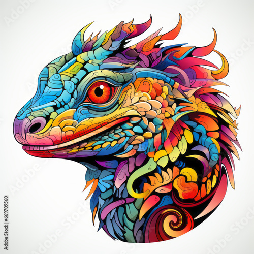 Colorful dragon head illustration, white background.