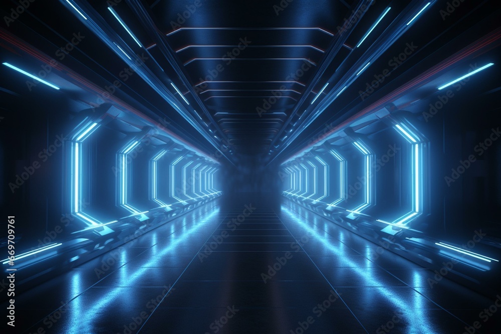 Futuristic blue-lit hangar corridor with neon beams, concrete walls, and a dark tunnel. A realistic 3D rendering of a sci-fi warehouse showroom. Generative AI