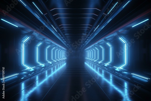 Futuristic blue-lit hangar corridor with neon beams  concrete walls  and a dark tunnel. A realistic 3D rendering of a sci-fi warehouse showroom. Generative AI