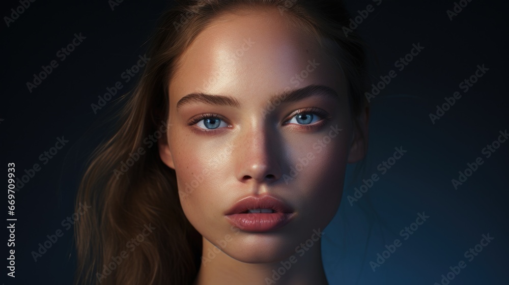 Beauty portrait of a beautiful young woman on a dark background. Feminine beauty. Radiant skin. Beauty portrait of a beautiful young woman on a dark background. Feminine beauty. Radiant skin.