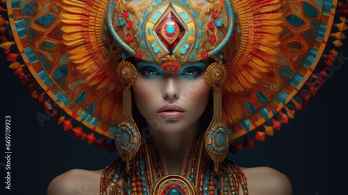 A woman with unusual makeup and precious accessories. Ethnicity and fashion, female beauty.
