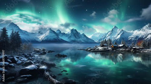 Incredible winter view on snowcapped mountains, fishing village and Northern lights.