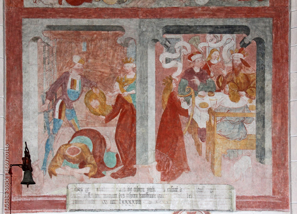 la danza di Erodiade e la decapitazione di Giovanni Battista; affresco nella chiesa di San Giovanni Battista a Vigo di Fassa
