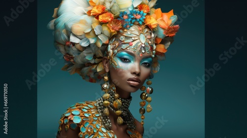 African American woman with unusual makeup and precious accessories. Ethnicity and fashion, female beauty. photo