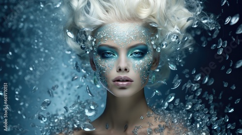 The woman s face is covered with diamonds and rhinestones  stylized makeup. Women s beauty and jewelry.