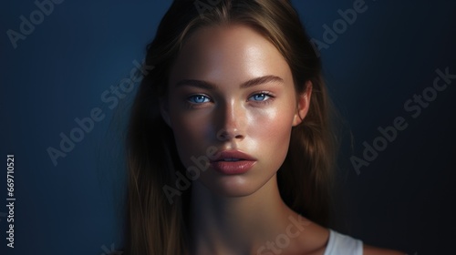 Beauty portrait of a beautiful young woman on a dark background. Feminine beauty. Radiant skin.