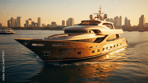 Luxury motor yachts sailing at Persian Gulf, Dubai, United Arab Emirates.