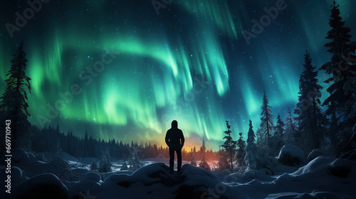 Man watching Aurora borealis in forest winter