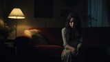 Heartbroken, sad, and depressed woman grieving alone at home in darkness with warm lamp light during the night