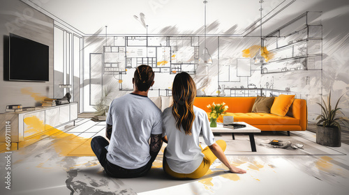 Man and woman considering apartment and planning renovations. Drawn outline interior elements on the walls, creative concept of design project and redevelopment. 