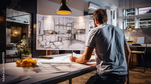 Man considering apartment and planning renovations. Drawn outline interior elements on the walls, creative concept of design project and redevelopment. 