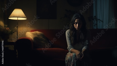Heartbroken, sad, and depressed woman grieving alone at home in darkness with warm lamp light during the night © tpvisuals
