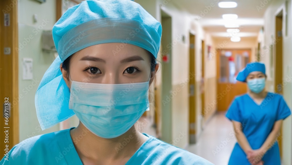 Nurse(s) standing in hospital hallway Nurse(s) standing in hospital hallway