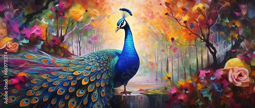 painting style illustration of peacock in flower garden, Generative Ai