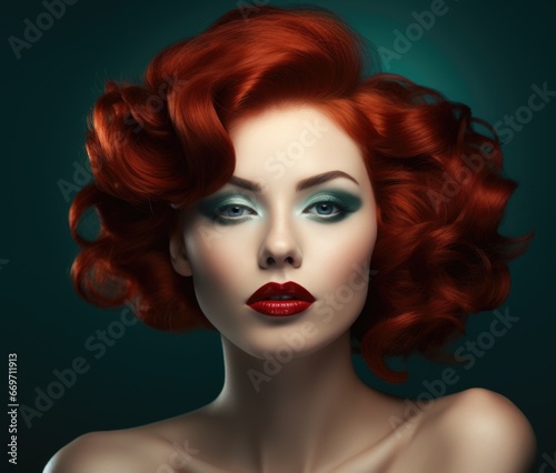 Redhead young woman on a gray background