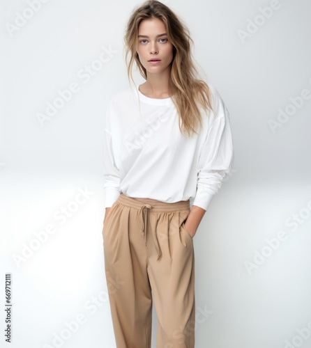 A young thin model against a light gray background in simple loose clothes that are too big for her. Beauty and fashion, lifestyle.