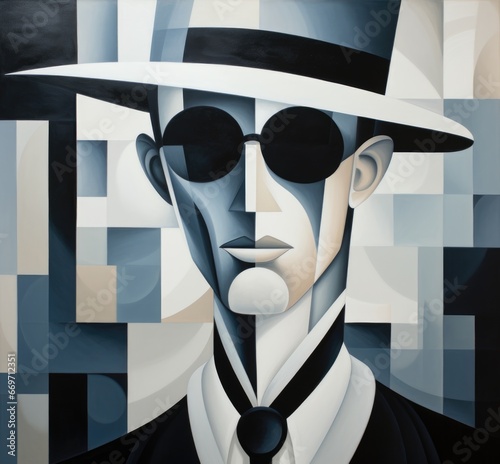 Abstract image of a man in a hat and glasses. Abstractionism stylized as painting. © Restyler