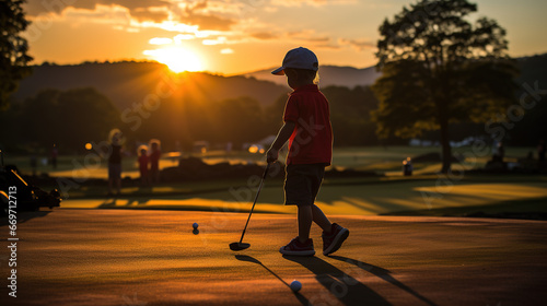 Young junior golfer practicing in a driving range with beautiful sunset light