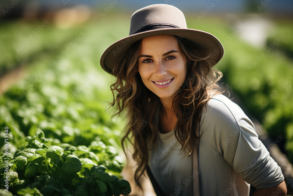 Young woman in farmland with green veggie plantation as background Young woman in farmland with green veggie plantation as background