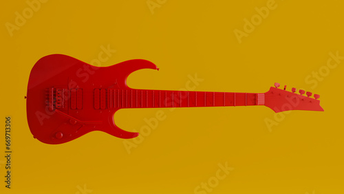 3D render of red electric guitar isolated on colored background, Rock musical instruments,