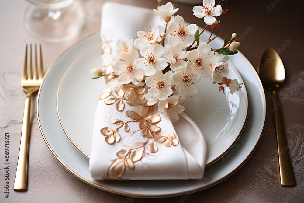 Elegant napkin. Elegant table setting with candles and flowers in restaurant. Selective focus. Romantic dinner setting with candles and flowers on table in restaurant.
