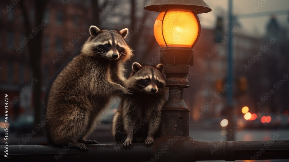 A couple of raccoons standing next to a street light. Generative AI. A couple of raccoons standing next to a street light. Generative AI.
