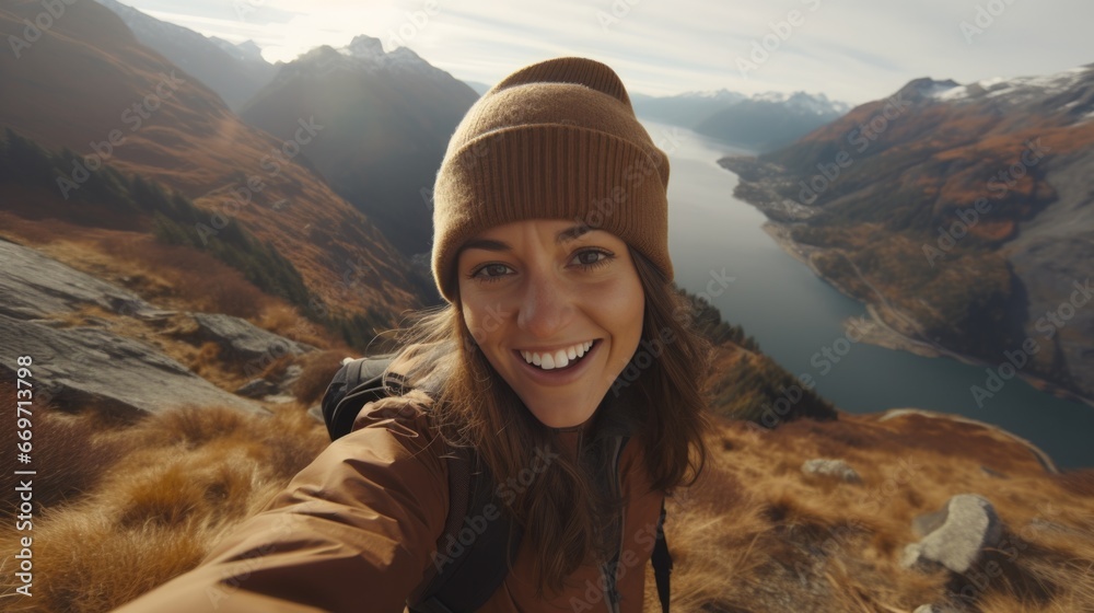 A woman taking a selfie on top of a mountain. Generative AI.