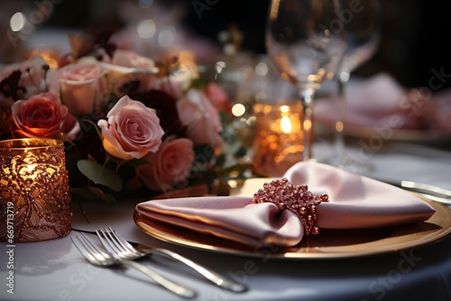 Elegant napkin. Elegant table setting with candles and flowers in restaurant. Selective focus. Romantic dinner setting with candles and flowers on table in restaurant. 