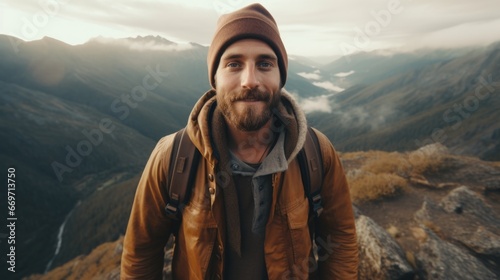 A man standing on top of a mountain looking at the camera. Generative AI.