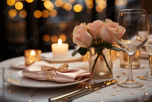 Elegant napkin. Elegant table setting with candles and flowers in restaurant. Selective focus. Romantic dinner setting with candles and flowers on table in restaurant. 