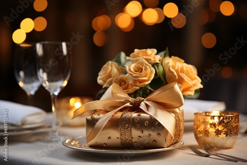 Elegant napkin. Elegant table setting with candles and flowers in restaurant. Selective focus. Romantic dinner setting with candles and flowers on table in restaurant. 