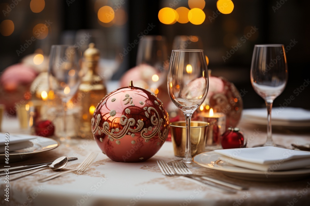 Christmas dinner table setting. Elegant table setting with candles in restaurant. Selective focus. Romantic dinner setting with candles on table in restaurant.
