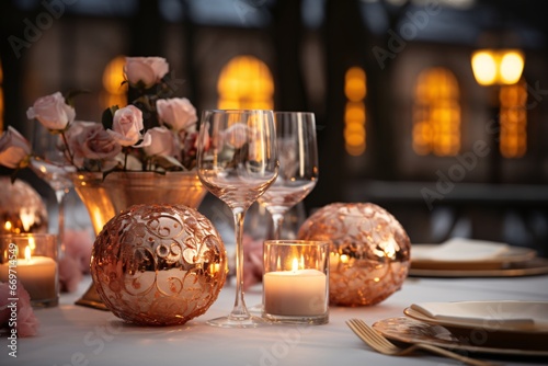 Christmas dinner table setting. Elegant table setting with candles in restaurant. Selective focus. Romantic dinner setting with candles on table in restaurant. 