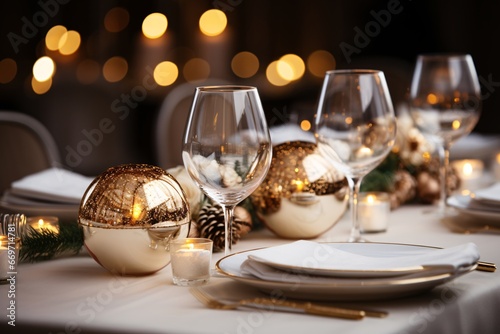Christmas dinner table setting. Elegant table setting with candles in restaurant. Selective focus. Romantic dinner setting with candles on table in restaurant. 
