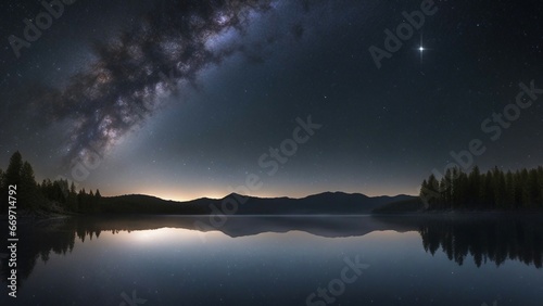 sunrise over the lake _A panoramic view of the universe with the milky way galaxy and stars on a night sky. 