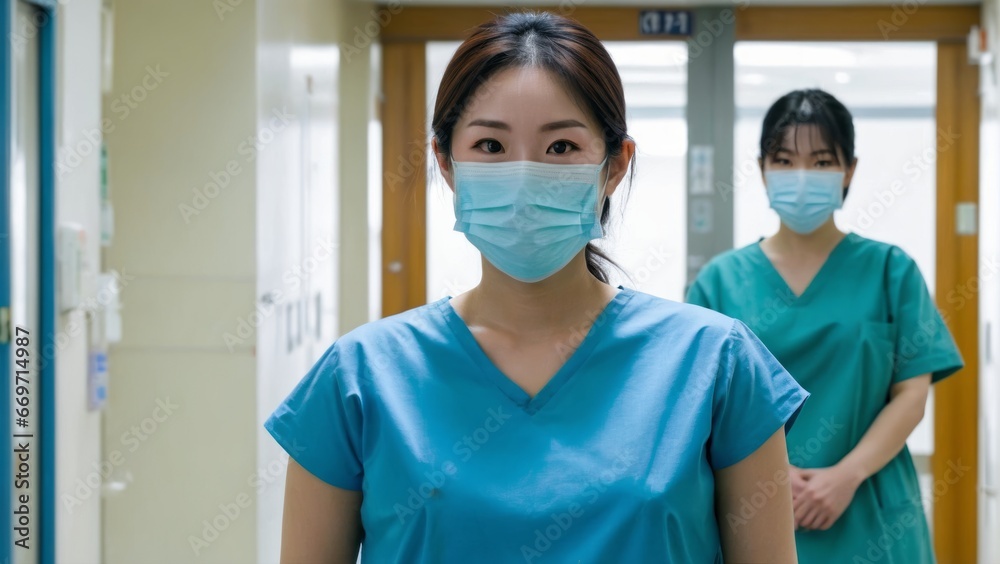 A nurse standing inside a hospital hallway