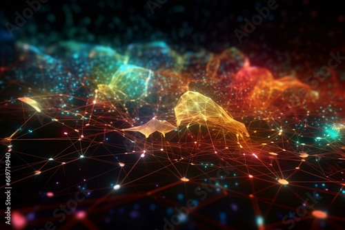 Vibrant interconnected web of digital data. Futuristic illustration depicting a network of advanced technology. Generative AI