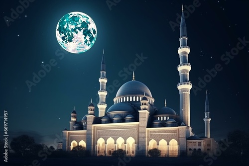 Nightly view of a beautiful mosque with a crescent moon, depicting Islamic religious essence. Generative AI © Meliora