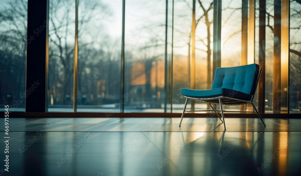 A chair in a glass office at sunrise.