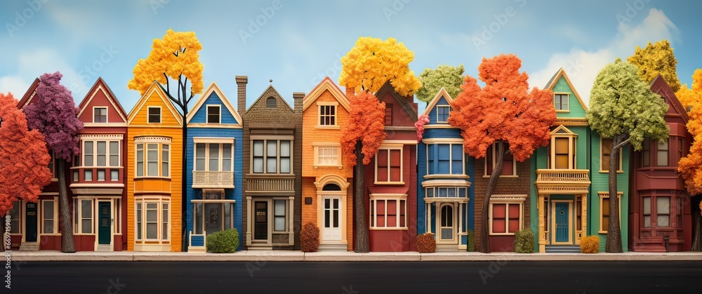 illustration of a neighborhood of colorful houses typical of nordic countries, concept architecture - obrazy, fototapety, plakaty 