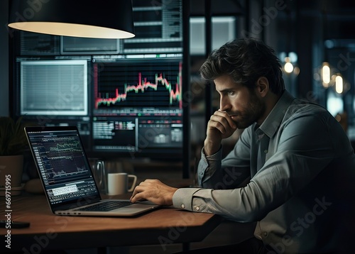 middle-aged businessman at computer controlled stock market, concept business