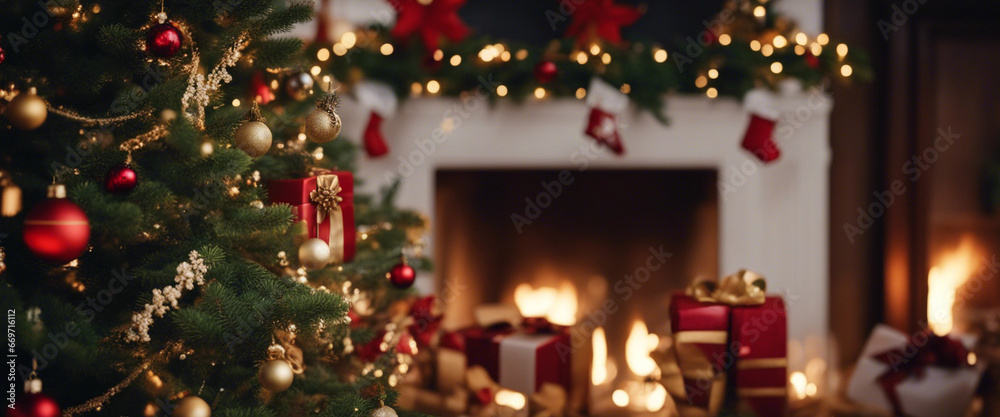 Christmas tree, decorated with New Year's toys, stands near the fireplace 2024