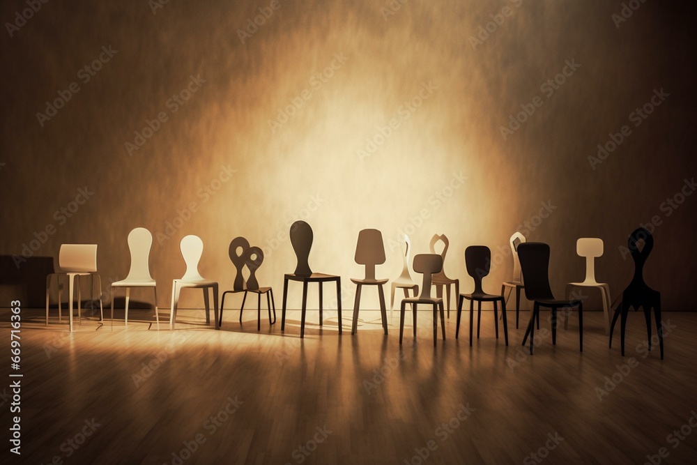 Render displaying an unfamiliar individual represented through chairs. Generative AI