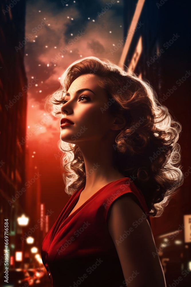 Portrait of a beautiful fashionable woman with a hairstyle, in a city street, at night.
