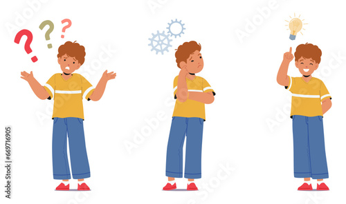 Confused Kids, Thoughtful Boy Character with Glowing Light Bulb. His Face Radiates The Joy Of Idea Illuminating Mind