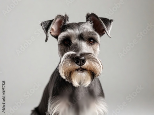 Primer plano de perro raza Schnauzer, mirando al frente, sobre fondo blanco 