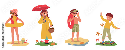 Kids Seasonal Activities, Boys And Girls Characters Relax On Beach with Inflatable Ring and Toys at Summer, Mushrooming